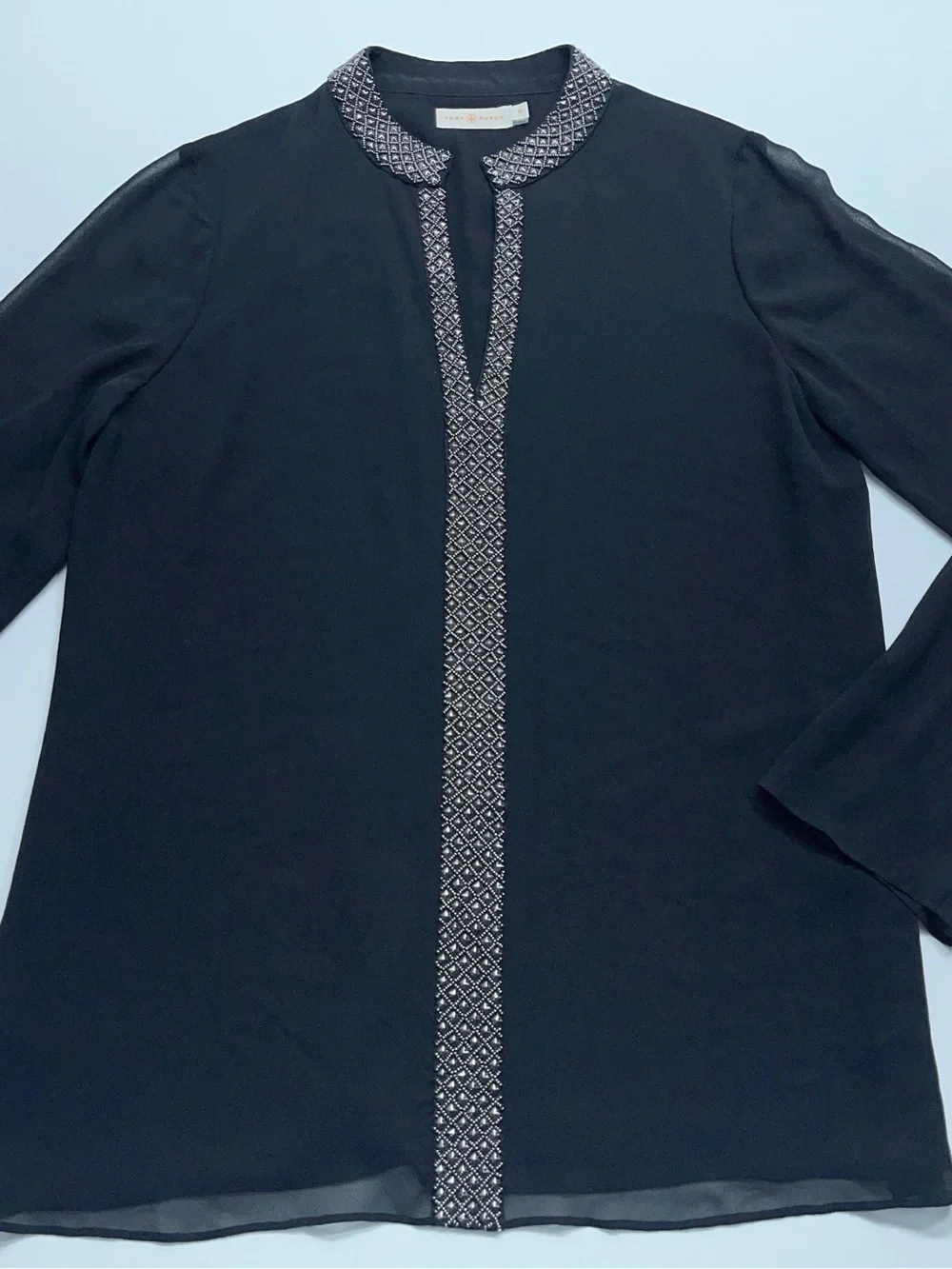 Tory Burch Silk Blouse Womens Size 10 Black Embellished Long Sleeve Front Lined